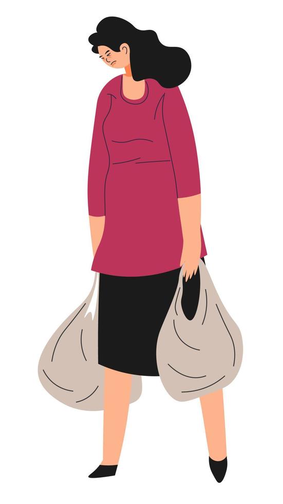 Homeless or unemployed sad woman carrying bags vector