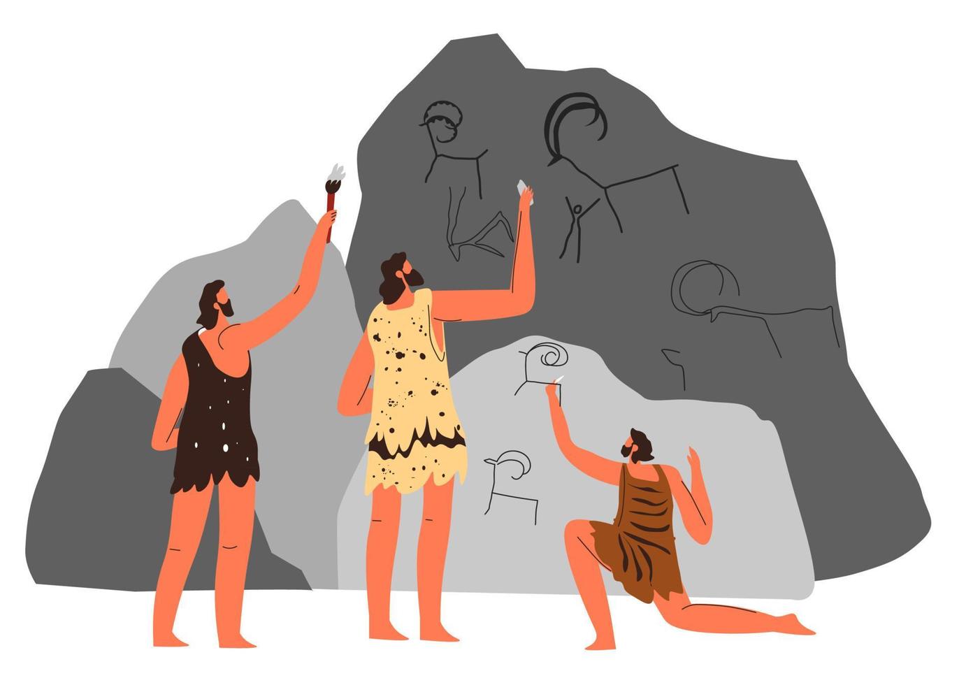 Prehistoric art, people drawing animals on caves vector