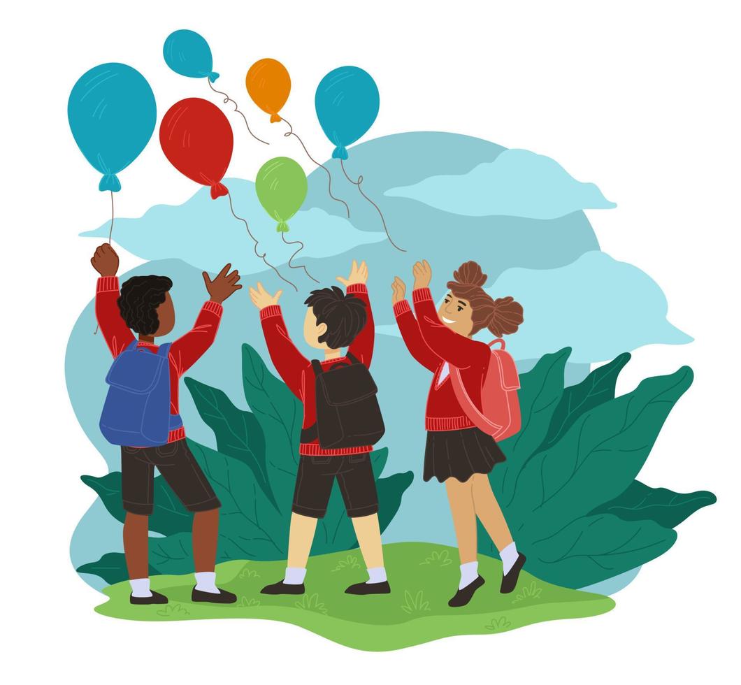 Children playing at school yard throwing balloon vector
