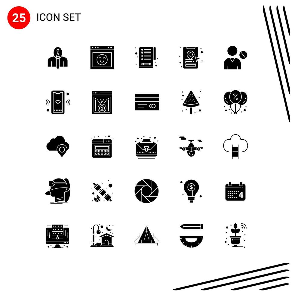 Set of 25 Commercial Solid Glyphs pack for interface avatar website location pin book cab Editable Vector Design Elements