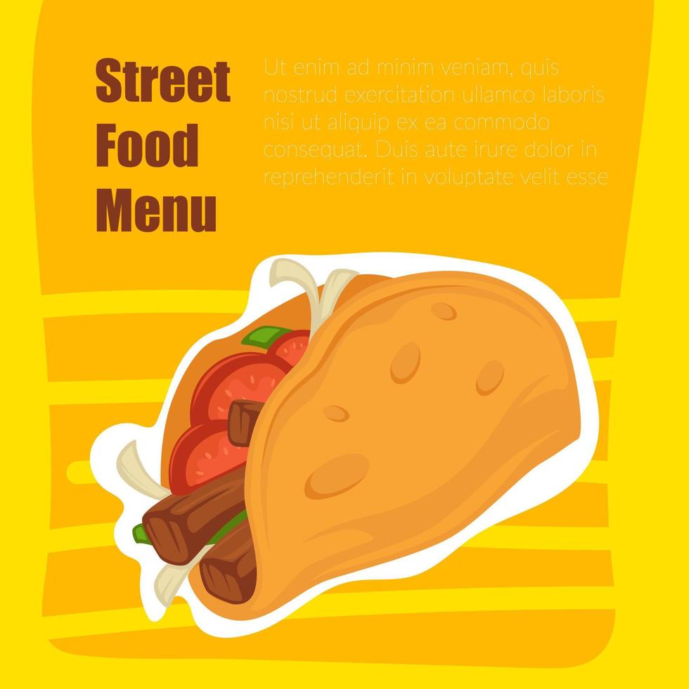 Street food menu, taco with meat and tortilla vector