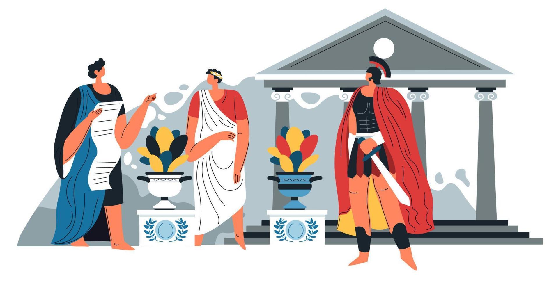 Greek or roman soldier and citizen in ancient city vector