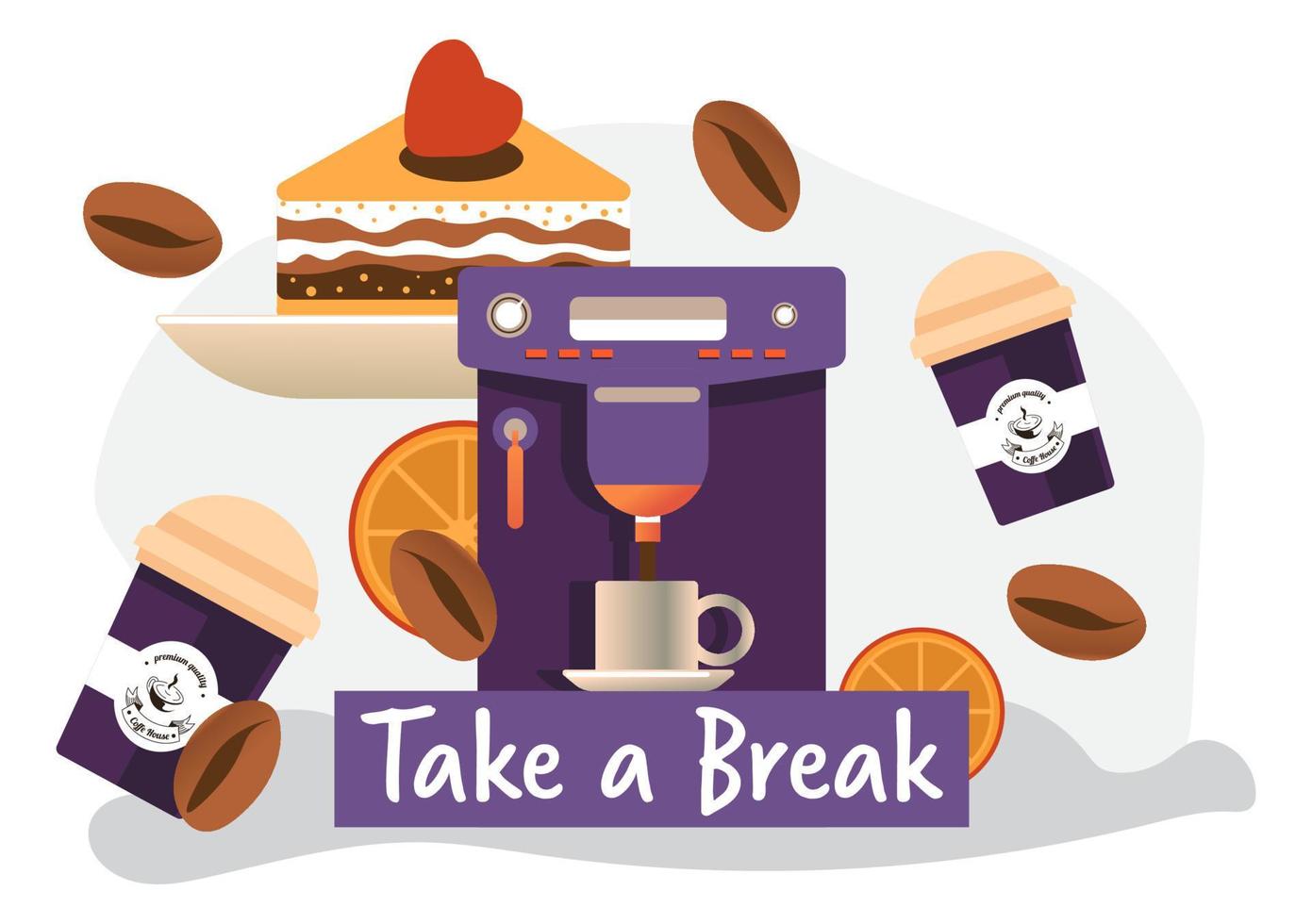 Take break, coffee machine with beverage and cake vector