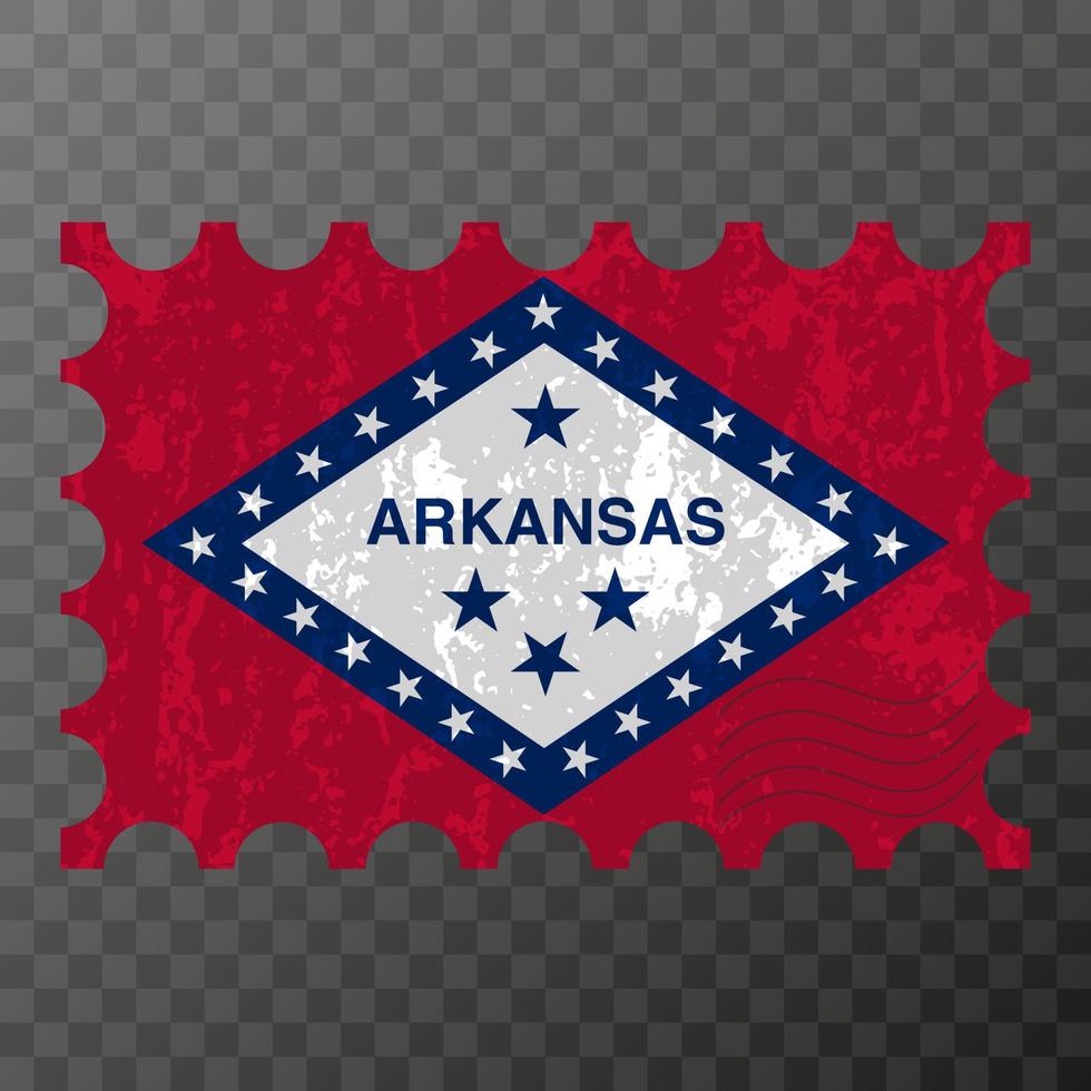Postage stamp with Arkansas state grunge flag. Vector illustration.