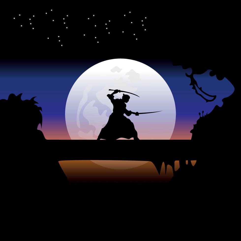 samurai entrenando en la noche de luna llena vector