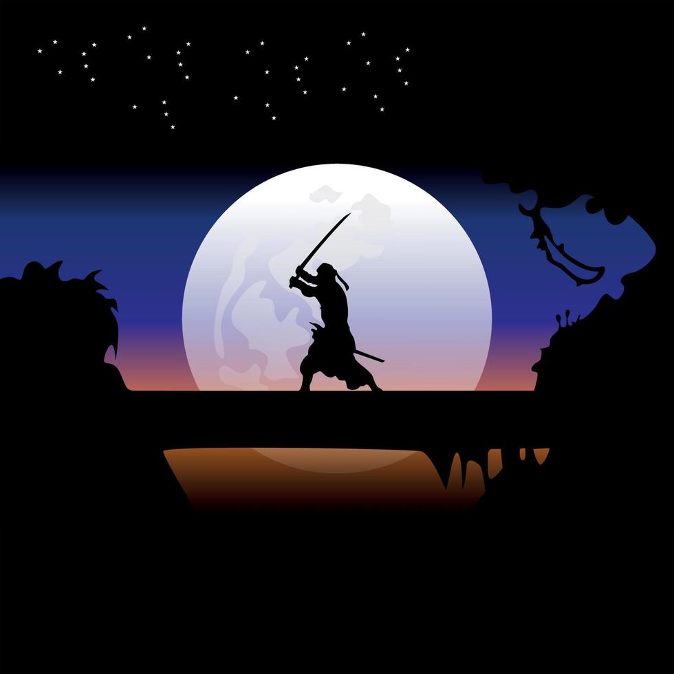 samurai entrenando en la noche de luna llena vector