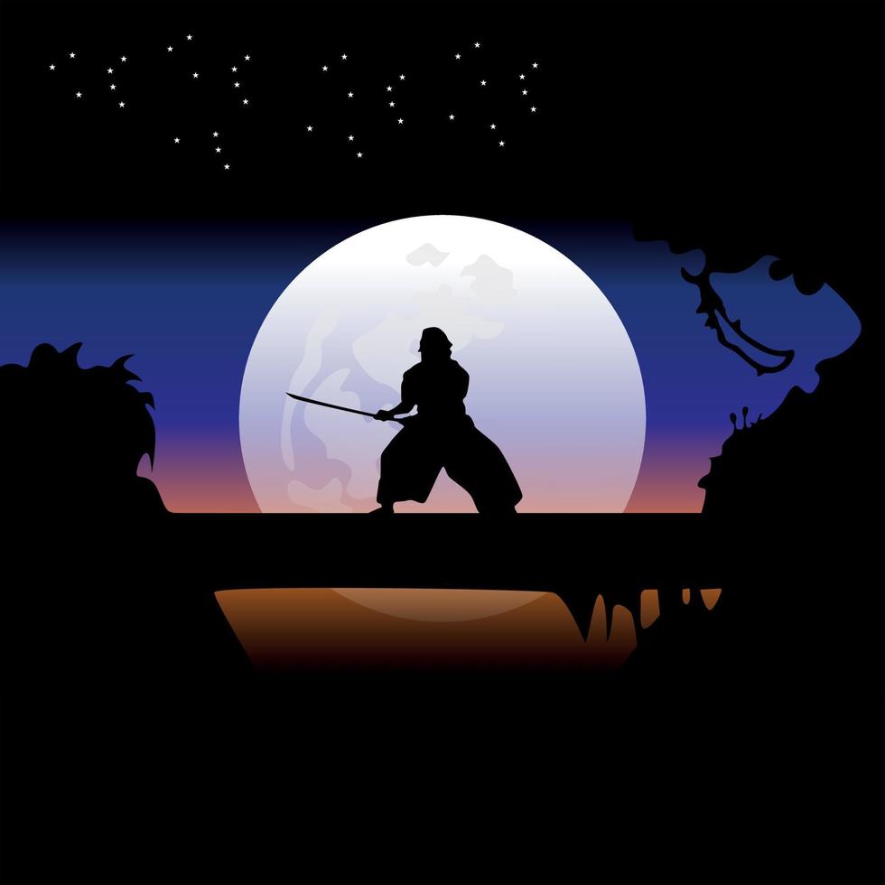 samurai entrenando en la noche de luna llena vector