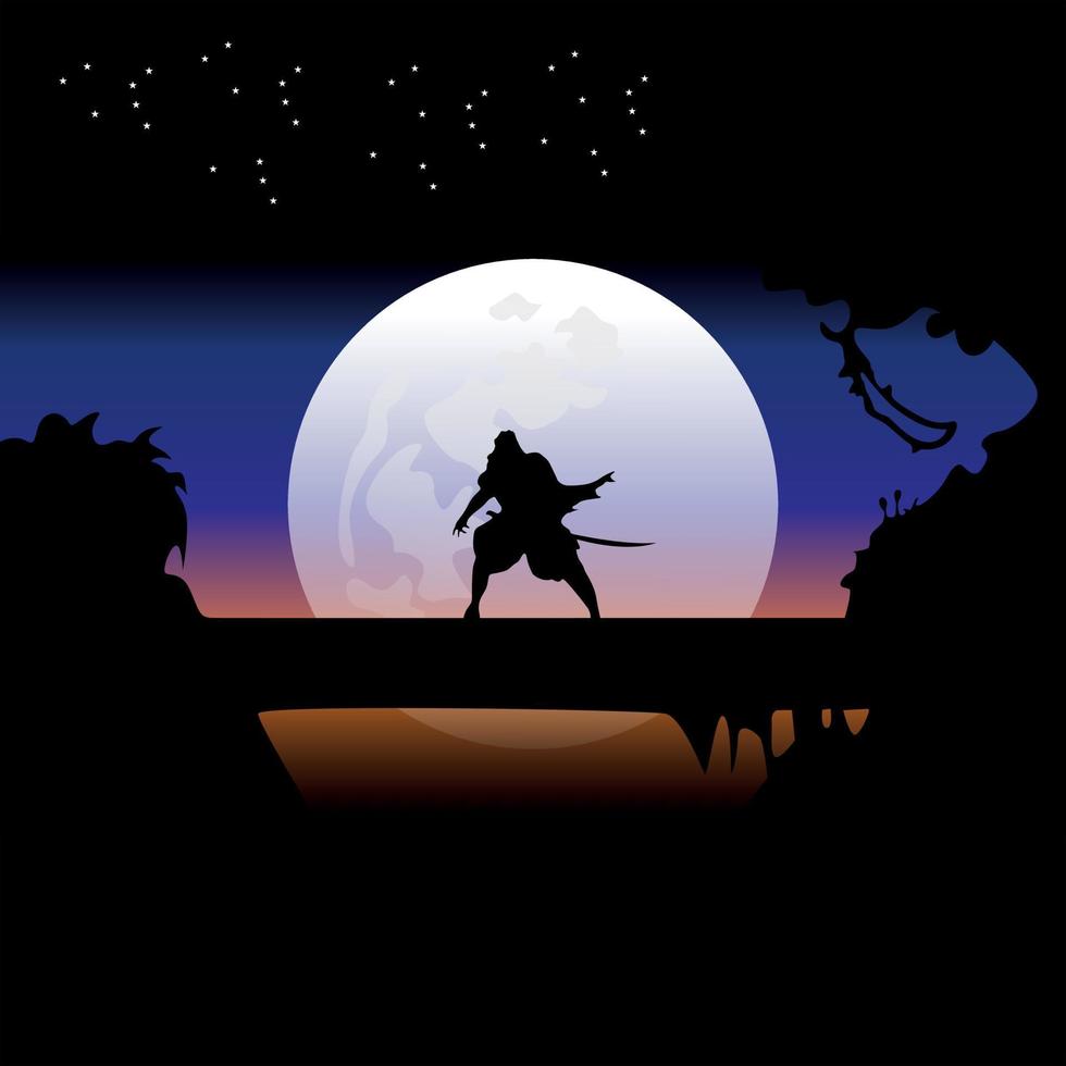 samurai entrenando en la noche de luna llena vector