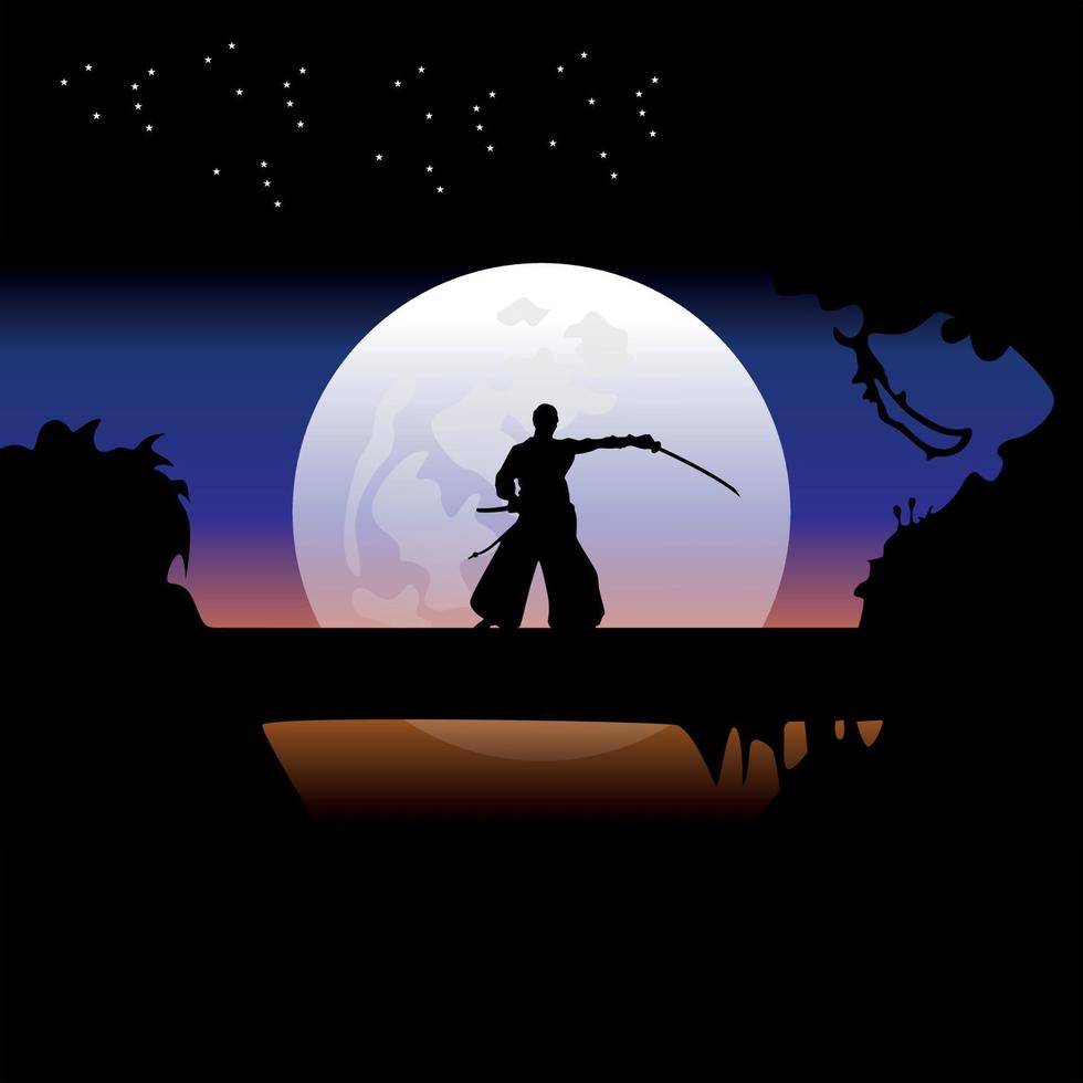 samurai entrenando en la noche de luna llena vector