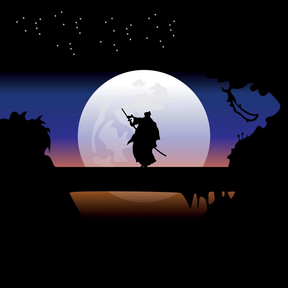 samurai entrenando en la noche de luna llena vector