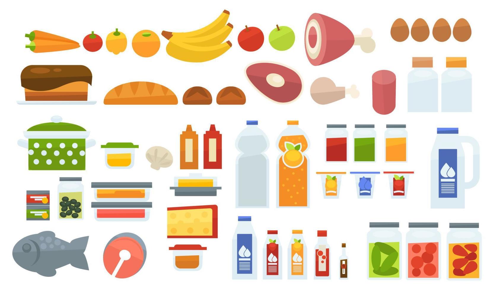 comida y comida, surtido de sabores de productos comestibles vector