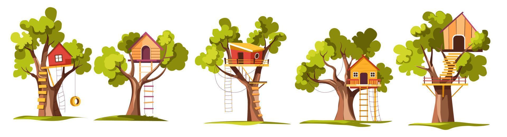 casa del árbol para niños, casa en el árbol del vector de madera