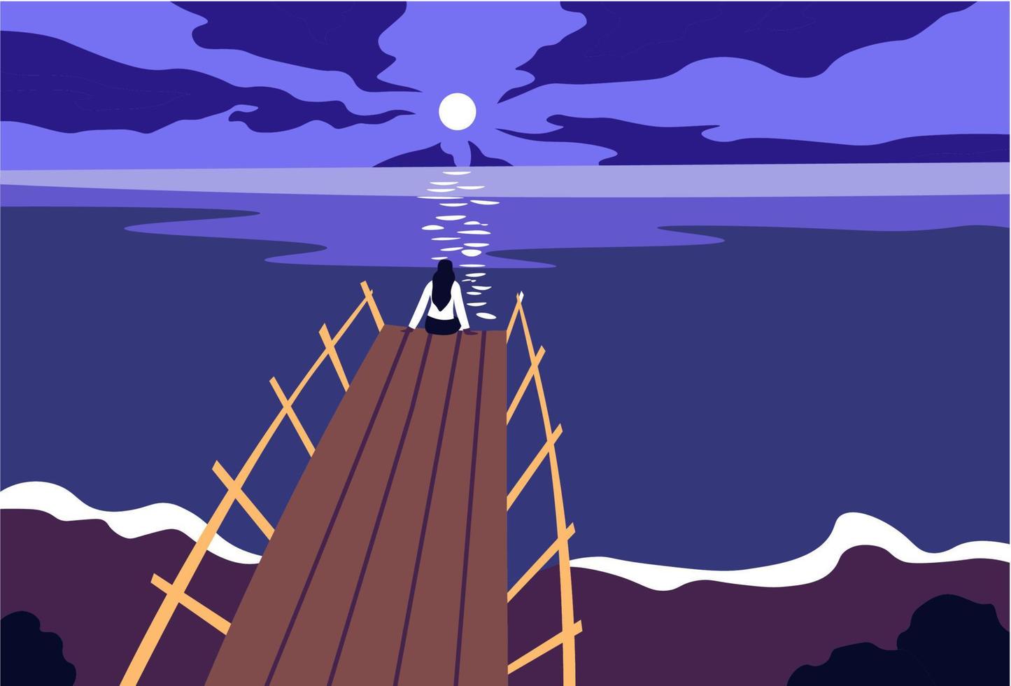 Romantic summer night, lady on pier with full moon vector