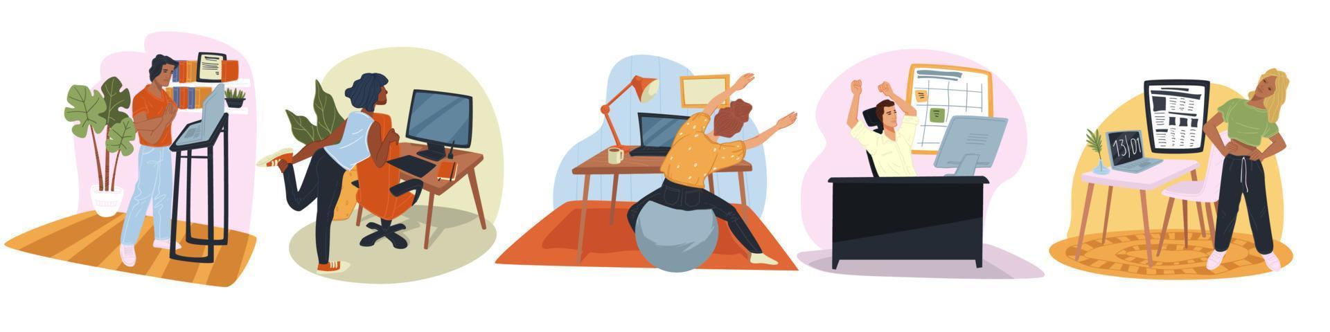 People working from home, tired characters workout vector