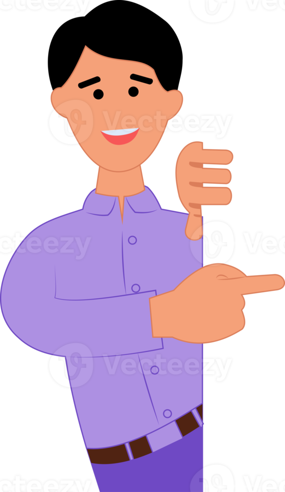 happy man pointing finger at blank presentation or information board. close up portrait of cute cartoon smiling businessman with advertising placard png