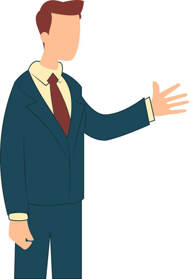 cartoon illustration of man standing in suit with finger pointing on blank screen isolated on white background. businessman doing presentation png