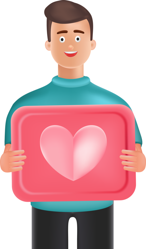 Abbildung Cartoon-Mann mit einem rosafarbenen Brett mit Herzsymbol. hübscher Zeichentrickfigurmann im blauen Hemd, der das Herzformsymbol lokalisiert über weißem Hintergrund hält png