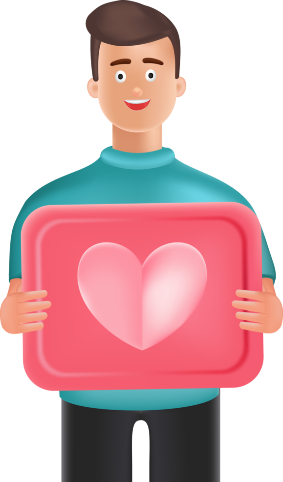 illustration cartoon man holding a pink board with heart symbol. Handsome cartoon character man in blue shirt holding heart shape symbol isolated over white background png