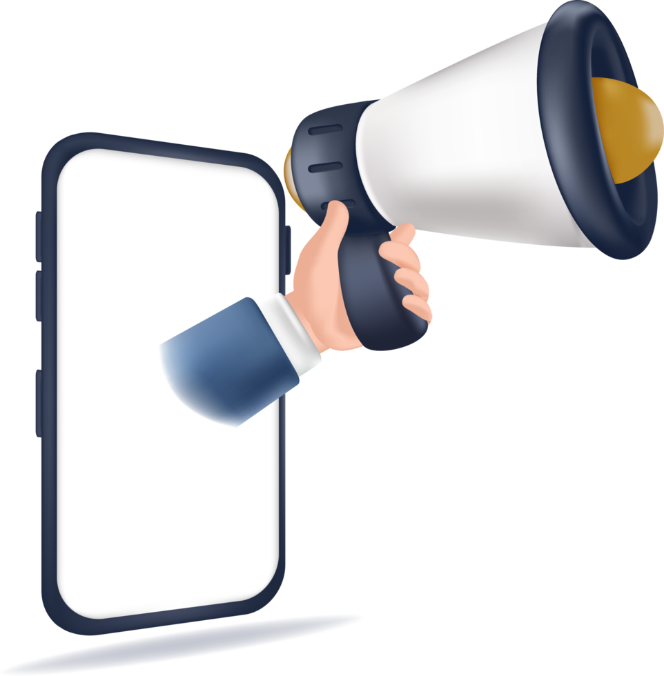 illustration businessman hand holding a megaphone appearing from smartphone png