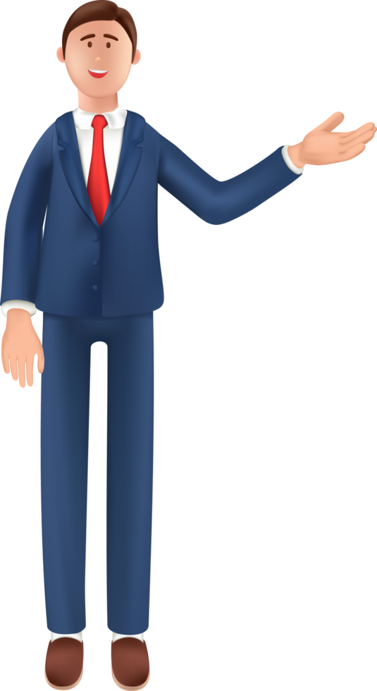 illustrazione di cartone animato uomo d'affari in piedi nel completo da uomo con dito puntamento su vuoto schermo png