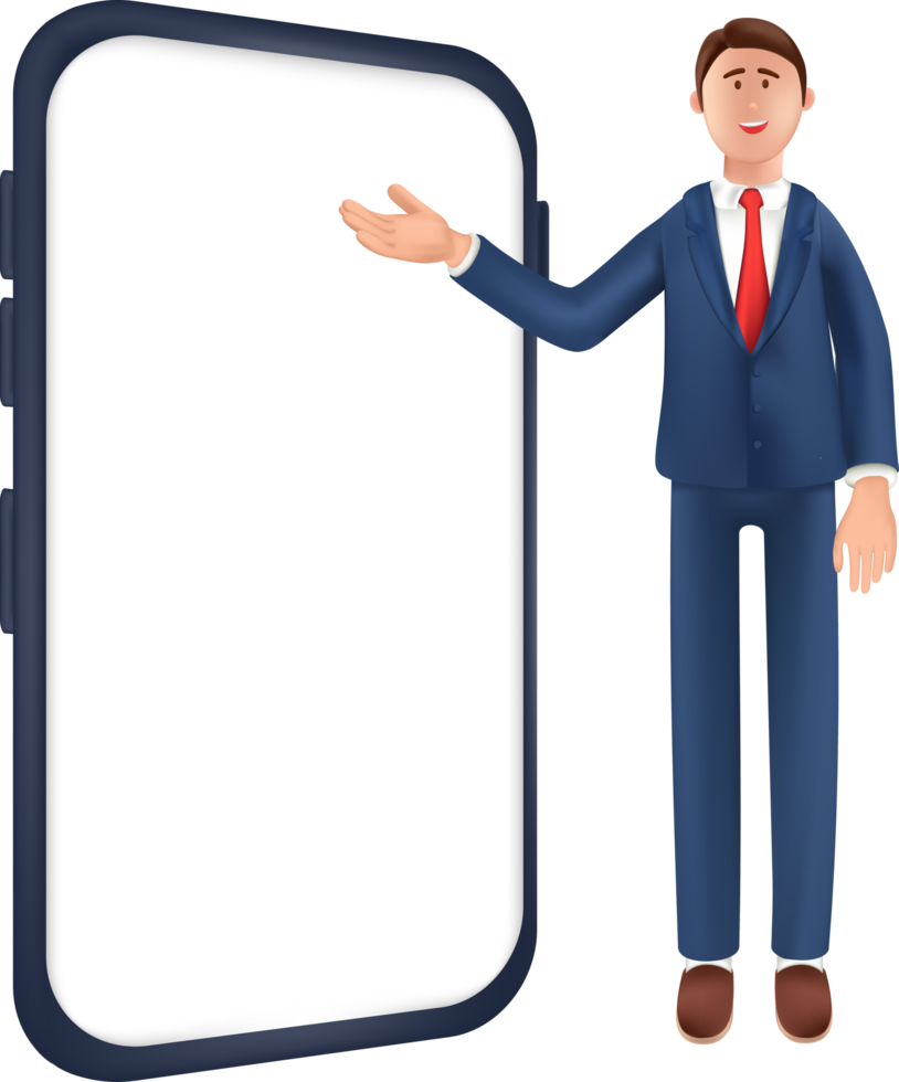 illustration portrait of smiling businessman with big phone. illustration of cartoon standing man in suit pointing finger at screen png