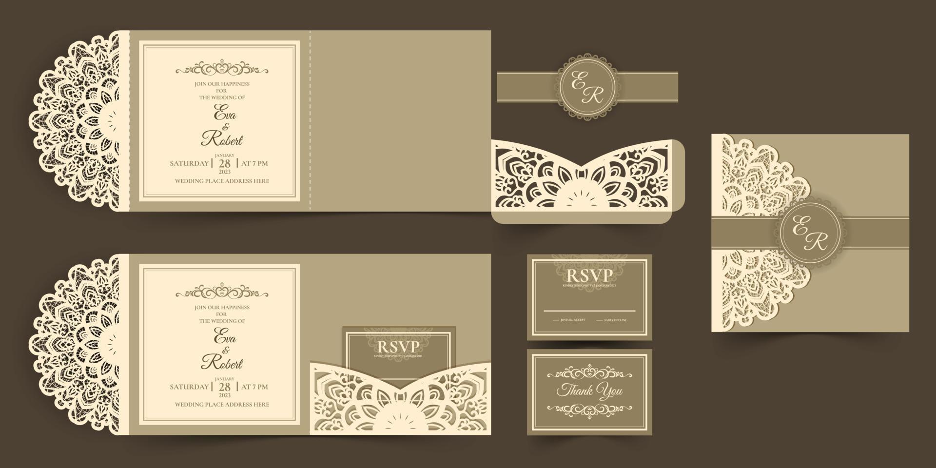 plantilla de invitación de boda cortada con láser vector