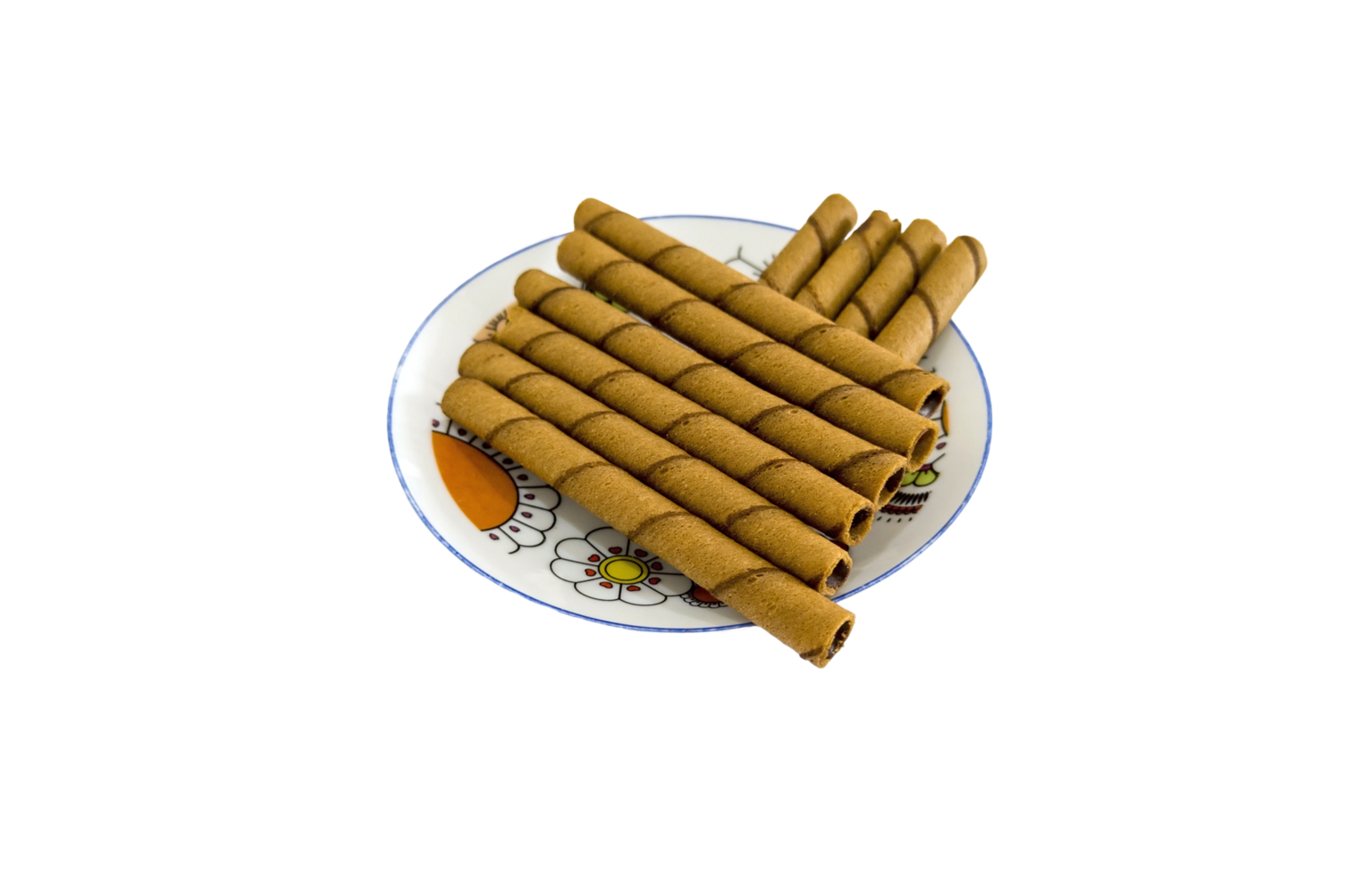 Chocolate or coffee flavored wafers rolls on white dish png