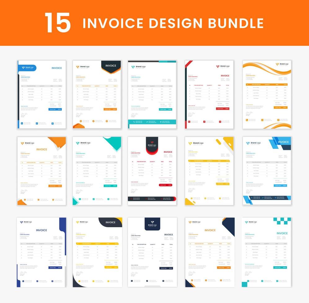 15 corporate invoice design bundle collection, business invoice set design. Stationery design layout vector