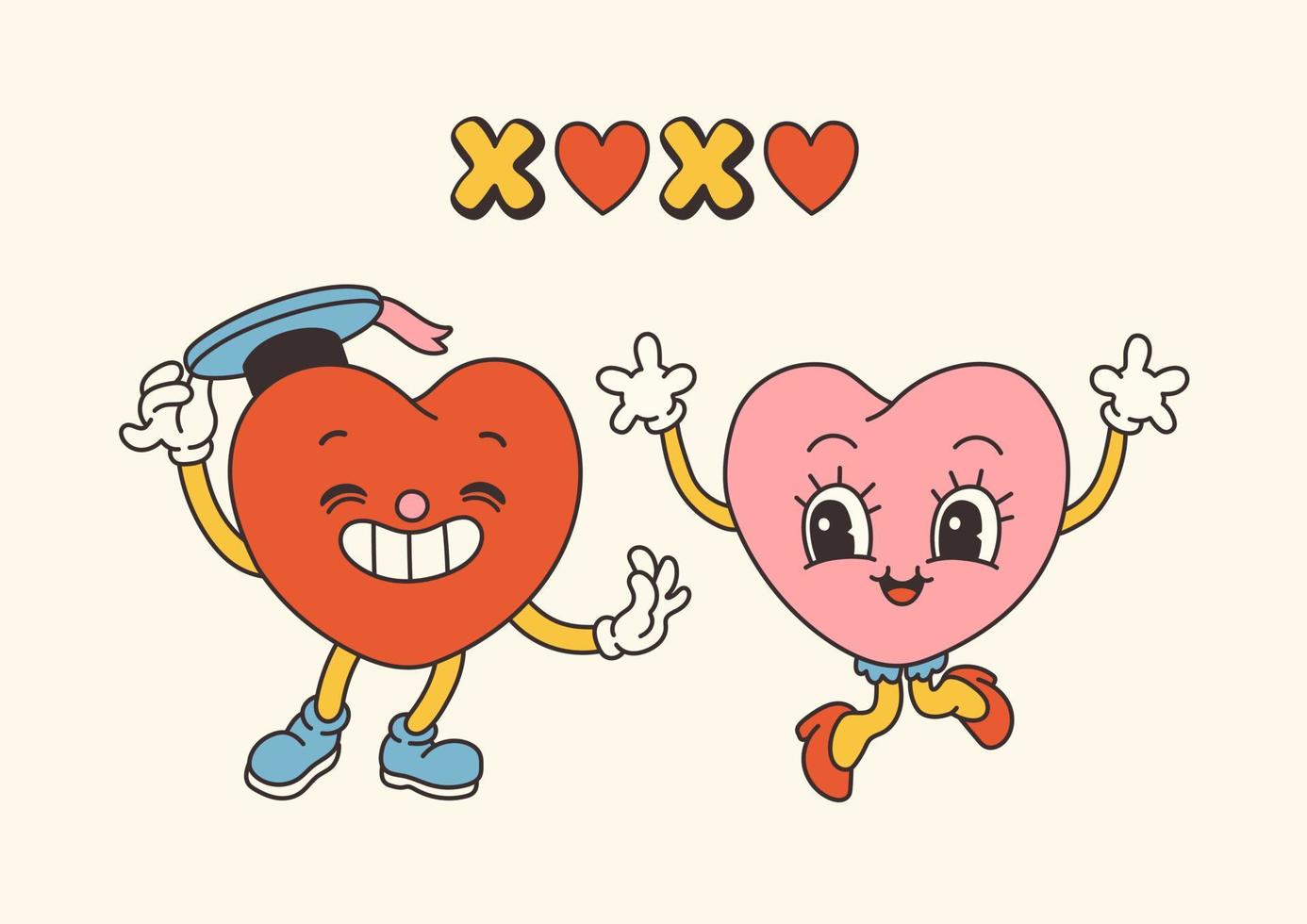 personajes retro maravillosos del día de san valentín con consignas sobre el amor. estilo de dibujos animados de moda de los años 70. tarjeta, postal, vector de impresión