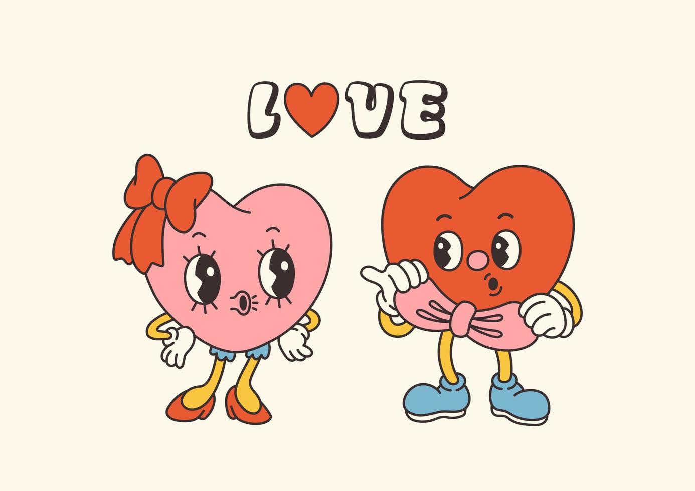 Retro Groovy Valentine's day characters with slogans about love. Trendy 70s cartoon style. Card, postcard, print vector