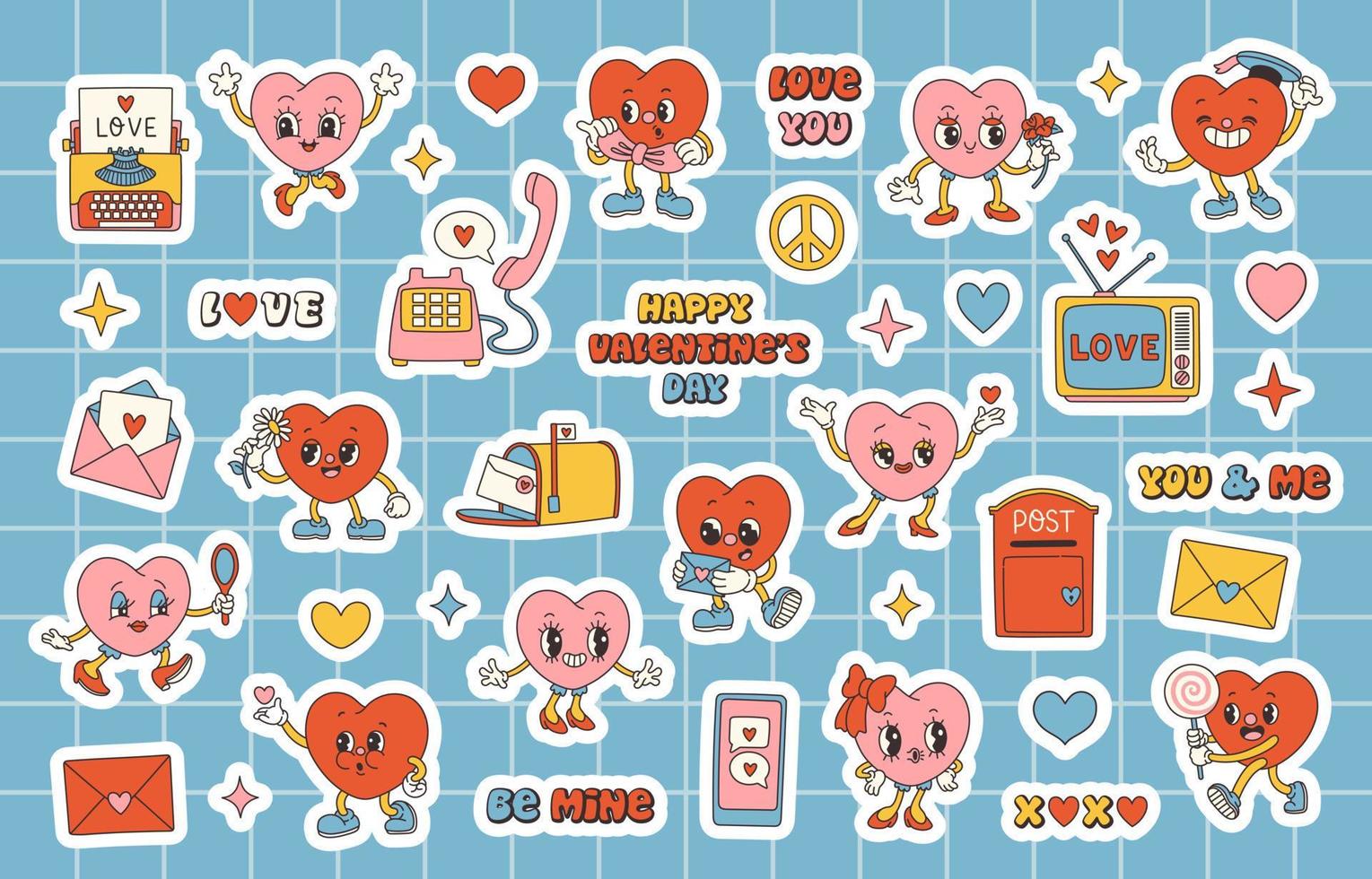 Retro Groovy Valentines day stickers set with slogans about love. Groovy hearts. Trendy 70s cartoon style. vector