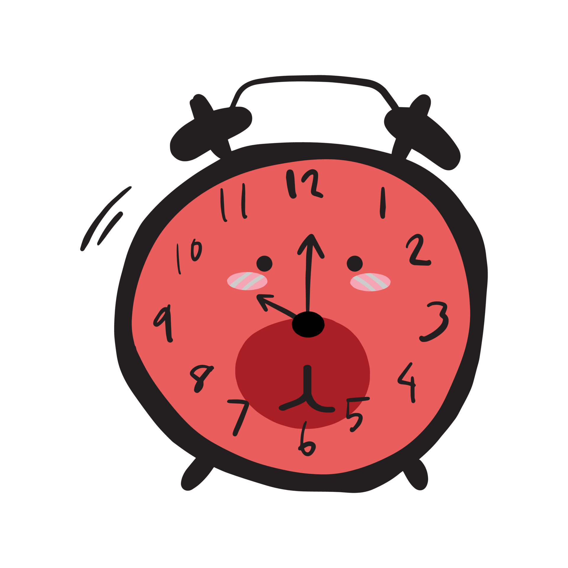Red alarm clock, Alarm clock 10 PM hand draw doodle cartoon character