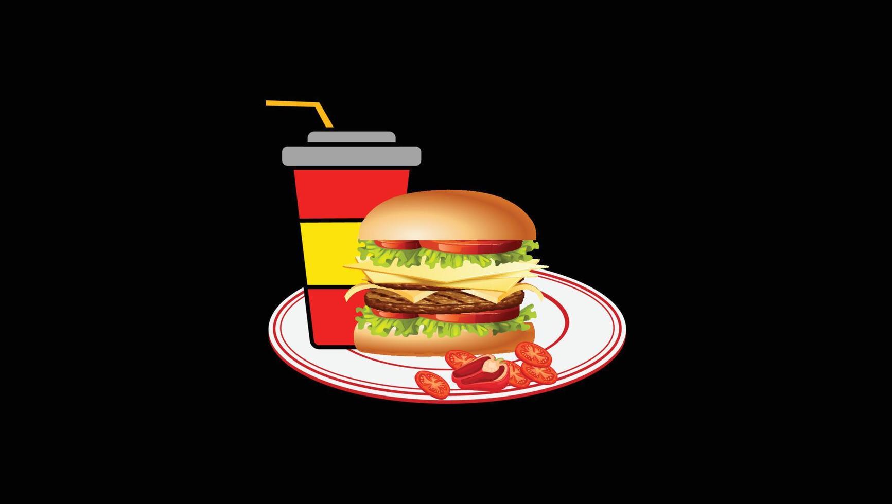 Burger in Plate With Tomato and Soft Drink vector