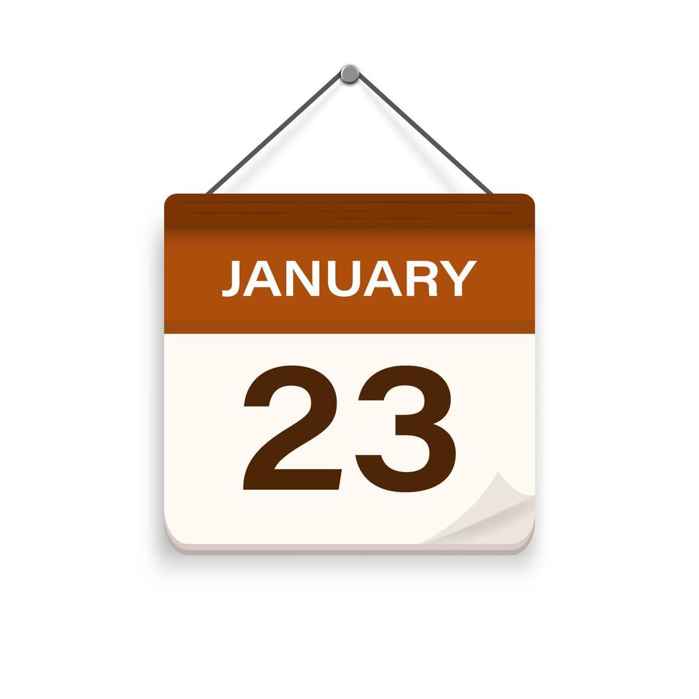 January 23, Calendar icon with shadow. Day, month. Meeting appointment time. Event schedule date. Flat vector illustration.