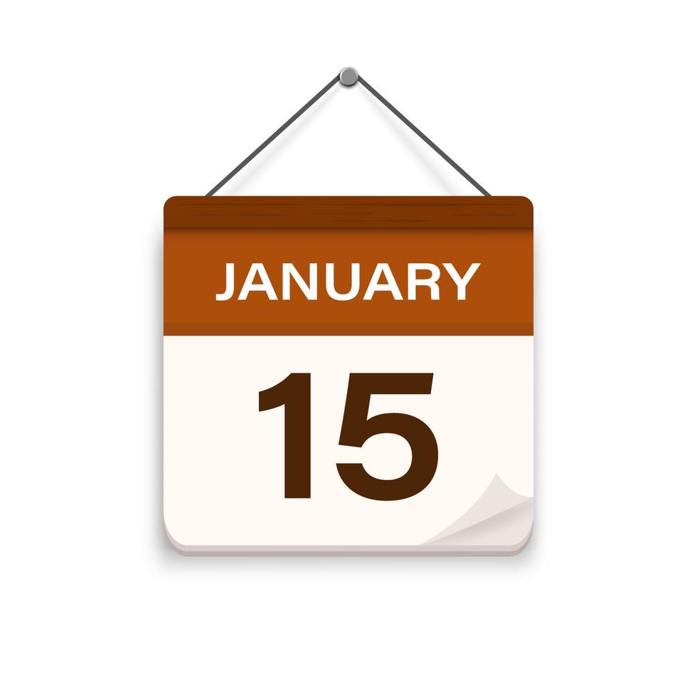 January 15, Calendar icon with shadow. Day, month. Meeting appointment time. Event schedule date. Flat vector illustration.