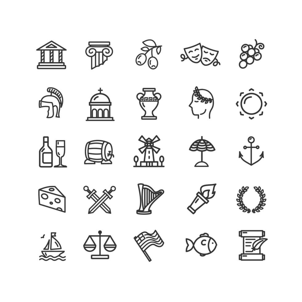 Greece Black Thin Line Icon Set. Vector