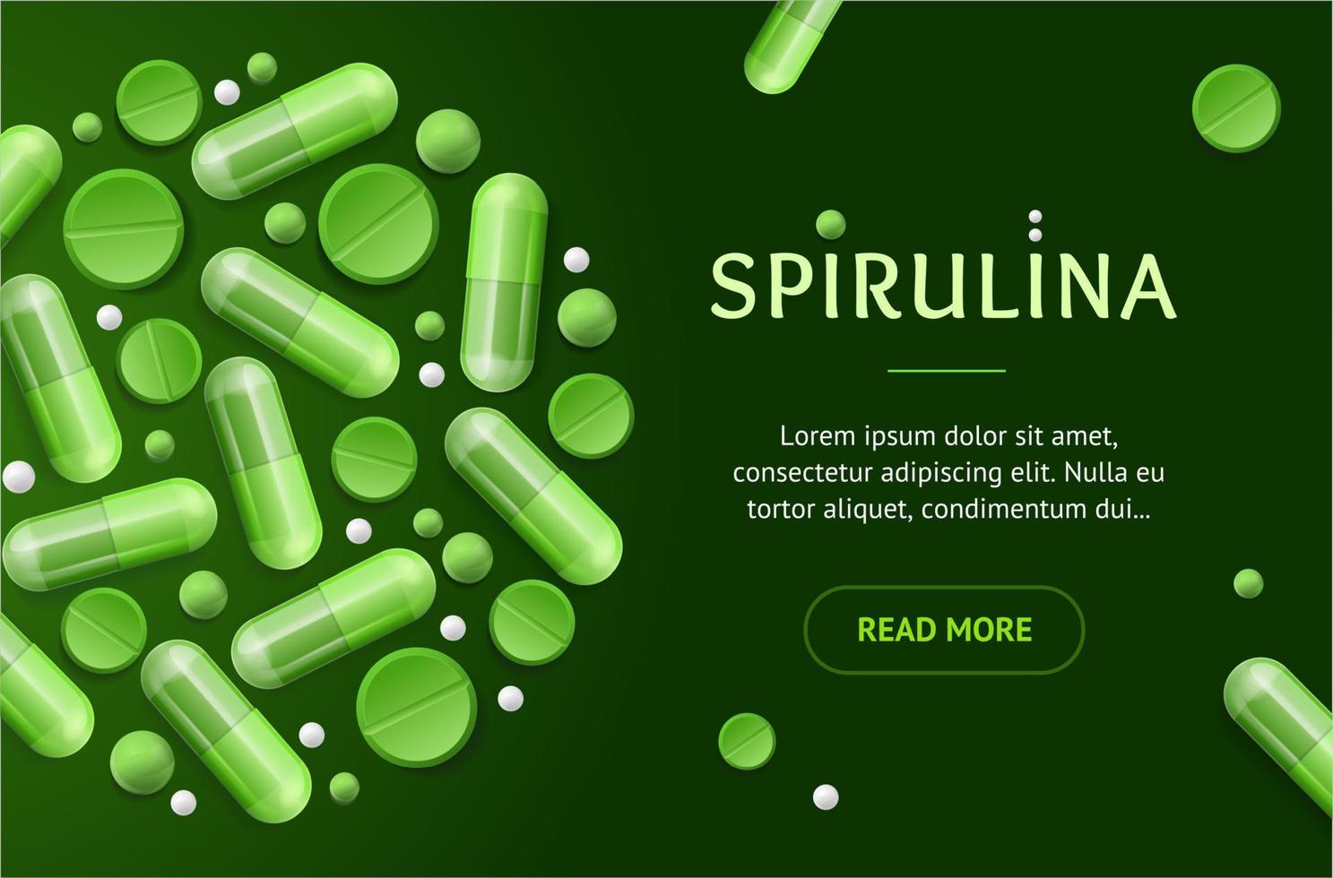 banner de concepto de píldoras de espirulina verde horizontal con elementos 3d detallados y realistas. vector