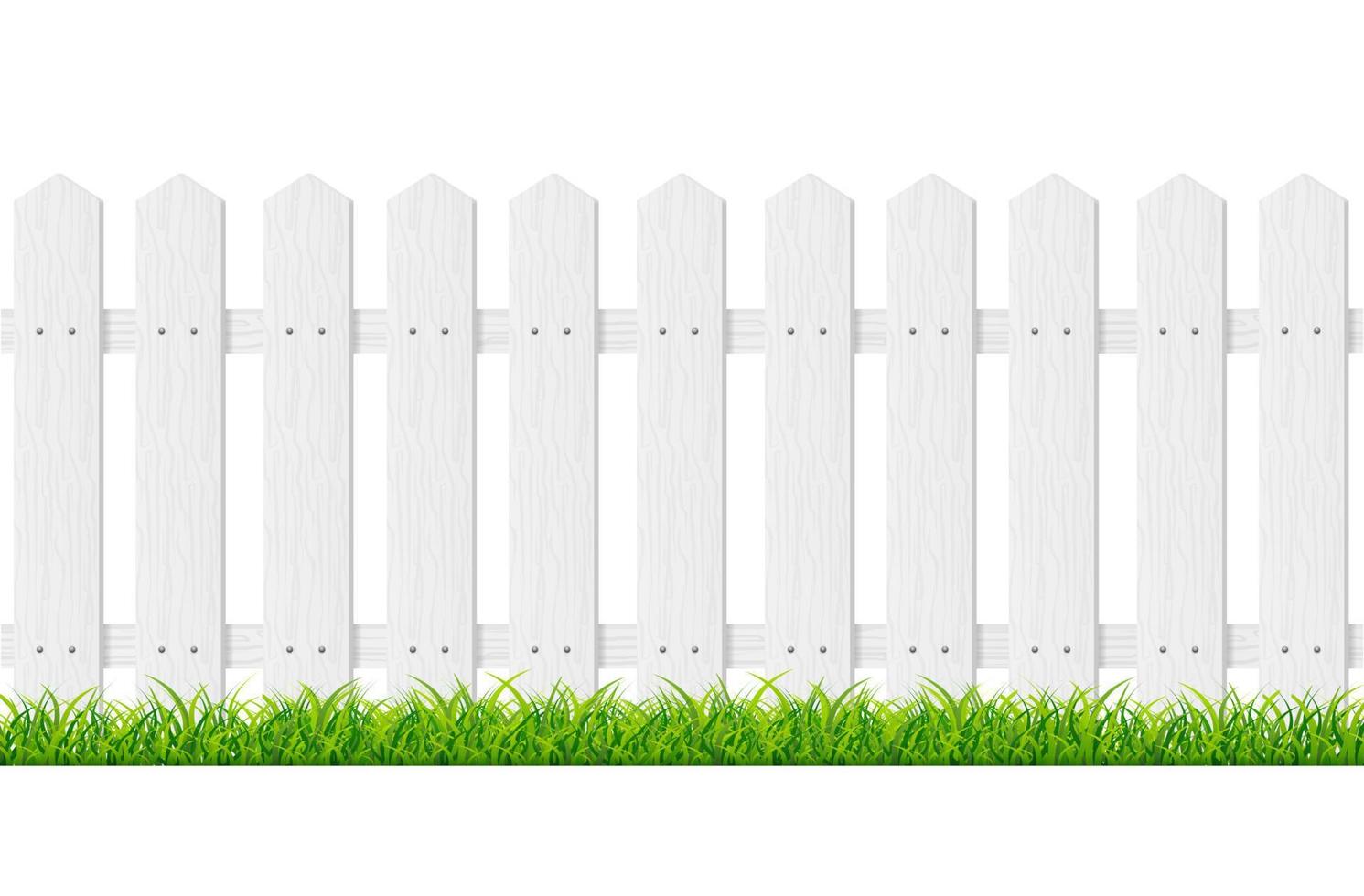 Realistic Detailed 3d White Wood Fence with Green Grass. Vector