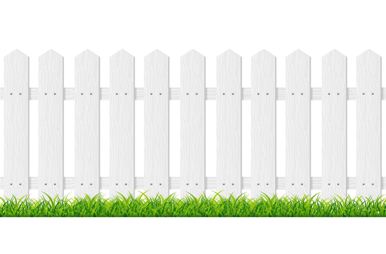 valla de madera blanca 3d detallada y realista con hierba verde. vector