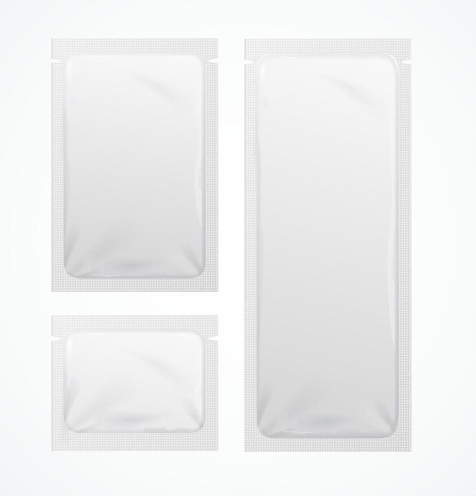 conjunto de maquetas de plantilla de bolsitas en blanco blanco 3d detallado realista. vector