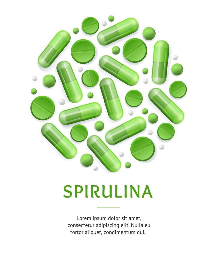 Green Spirulina Pills Concept Banner with Realistic Detailed 3d Elements. Vector