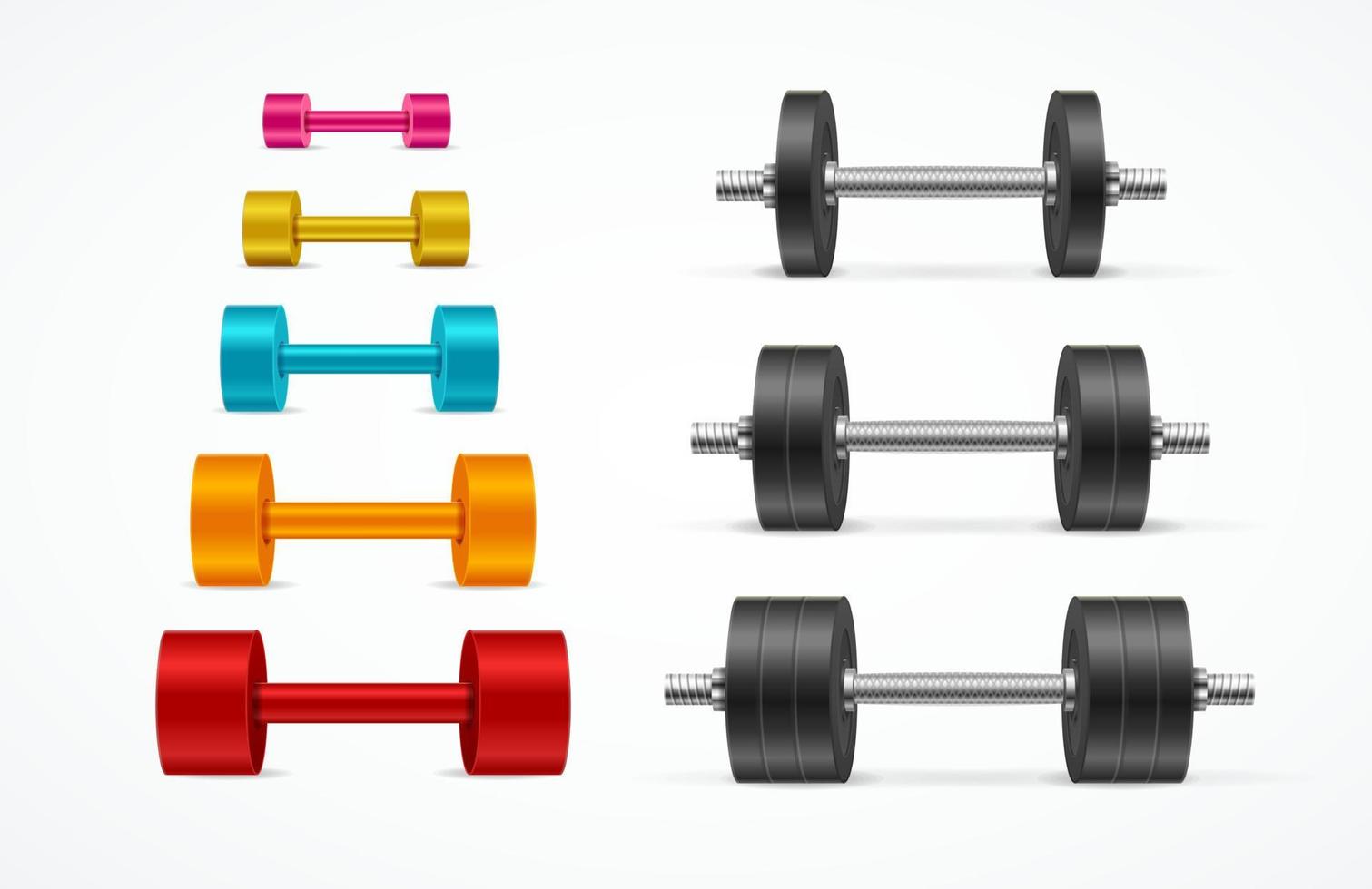 Conjunto de mancuernas de equipo de gimnasio de diferentes colores 3d detallado realista. vector