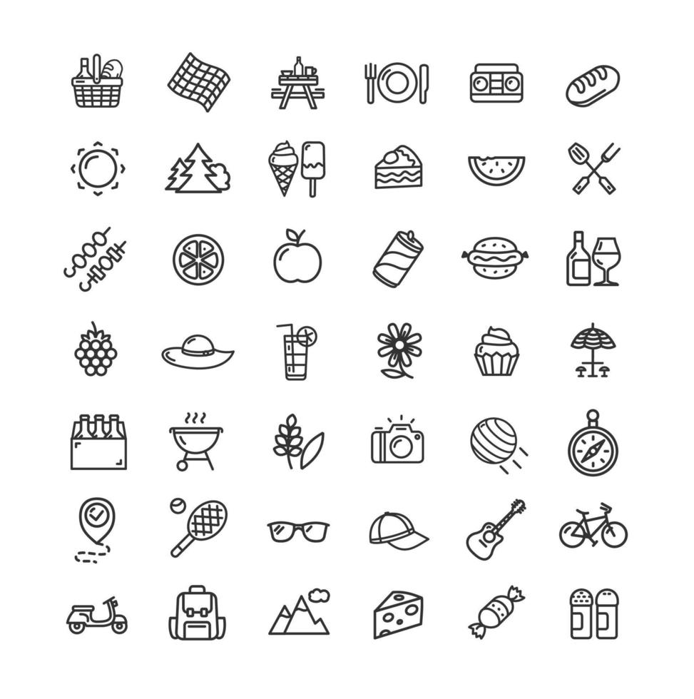 conjunto de iconos de línea delgada negra de picnic. vector