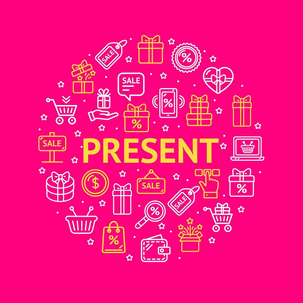 Present Signs Round Design Template Thin Line Icon Concept. Vector