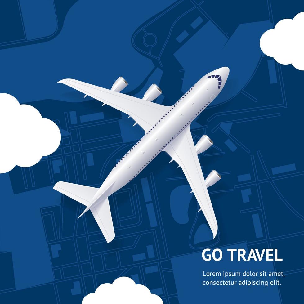 Realistic 3d Detailed Airplane and Go Travel Concept Card. Vector