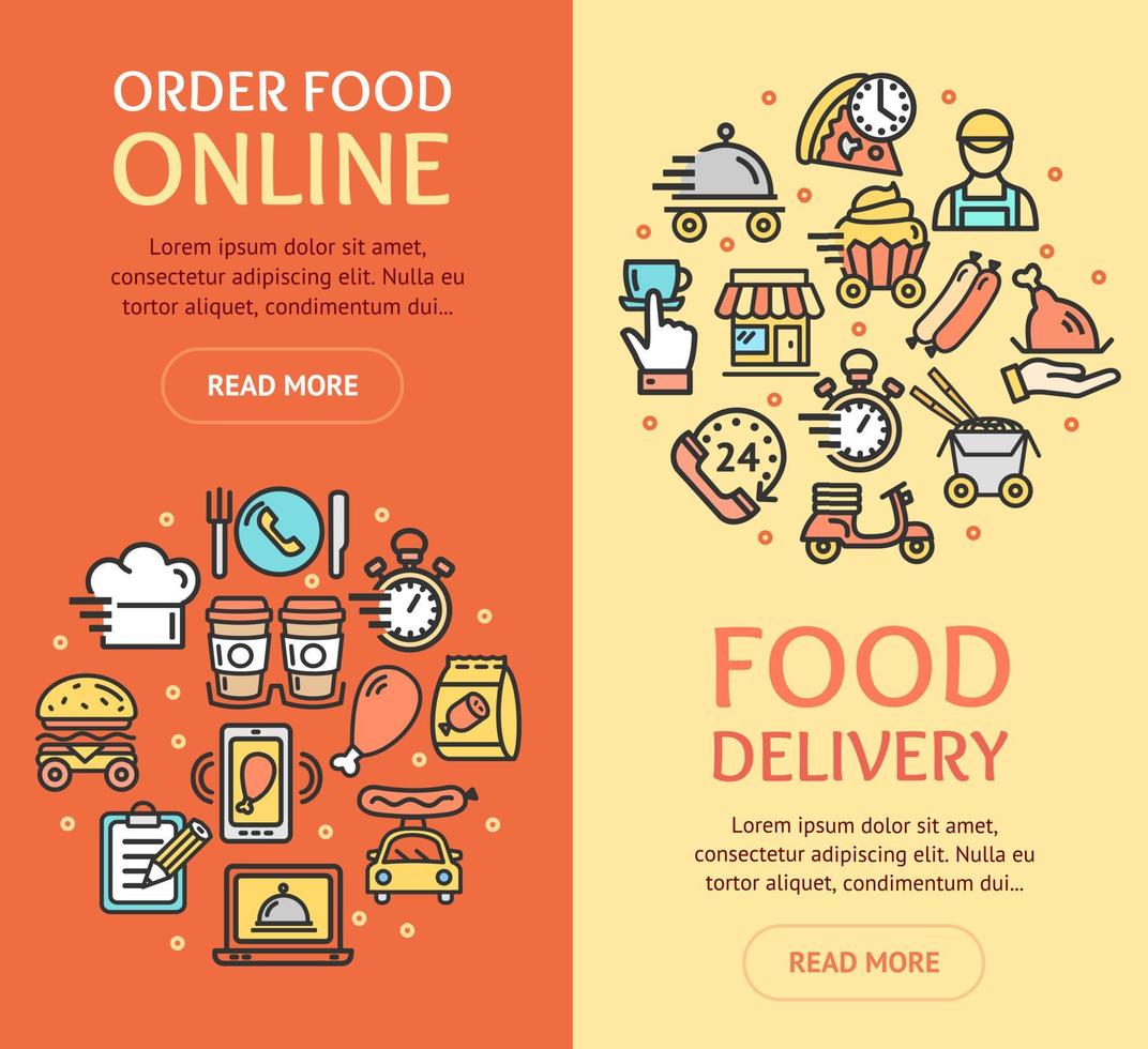 Food Delivery Service Banner Vecrtical Set with Color Outline Icons. Vector