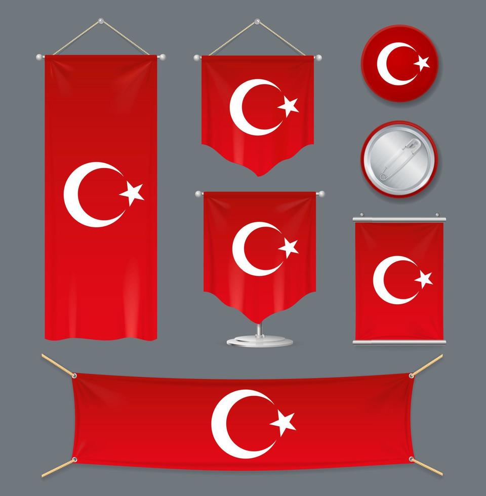 Realistic 3d Detailed Turkey Flag Banner Set. Vector