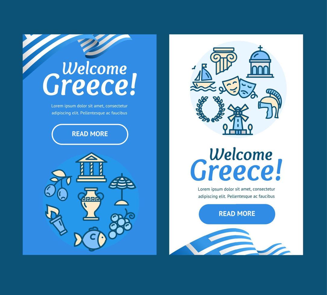 Greece Banner Vecrtical Set with Color Outline Icons. Vector