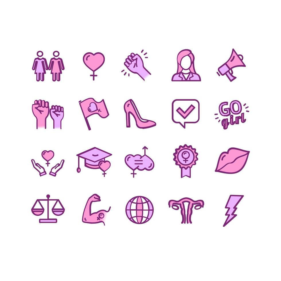 Feminism Signs Color Thin Line Icon Set. Vector