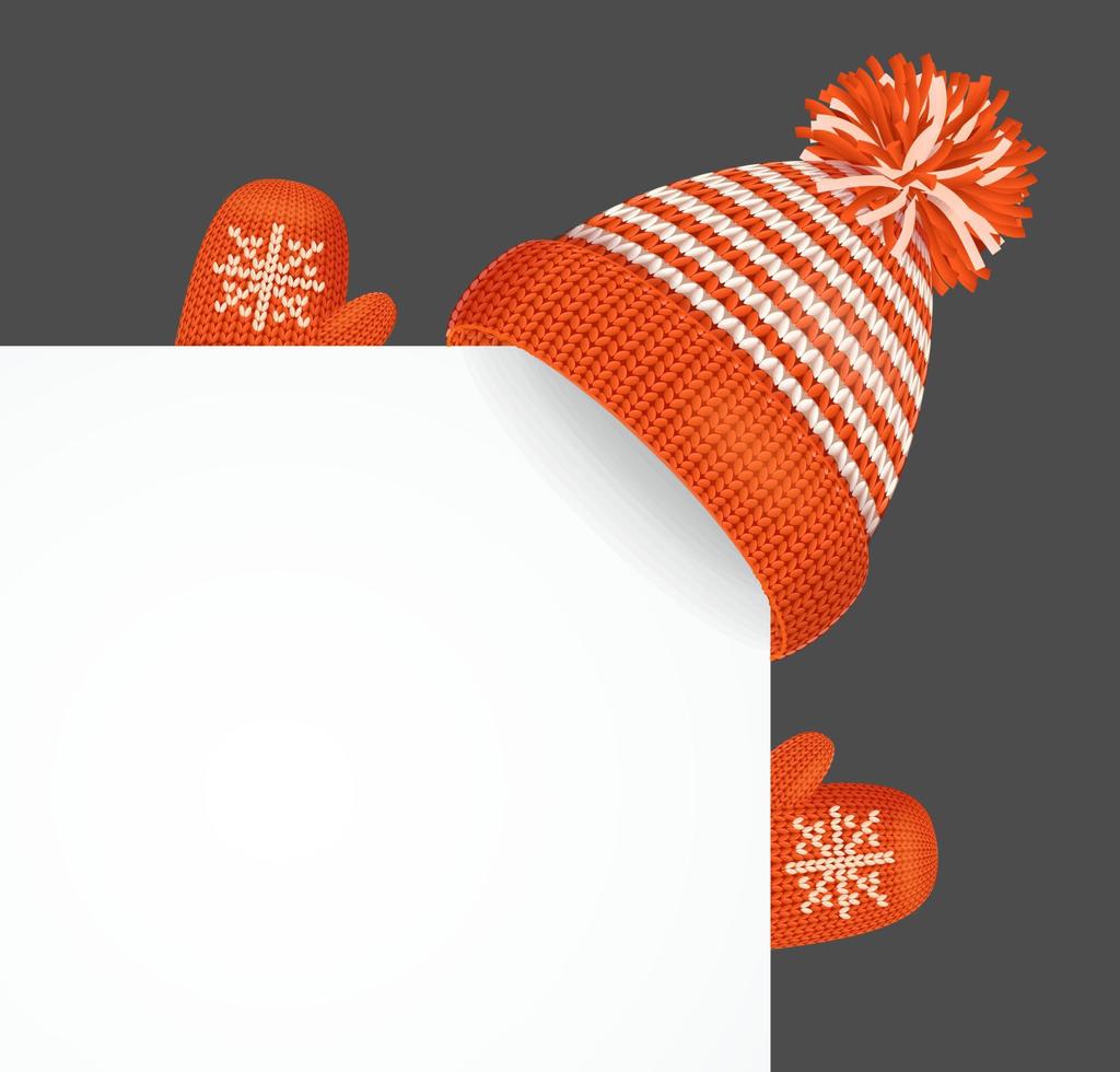 Realistic 3d Detailed Knitted Hat on a Corner White Sheet of Paper . Vector